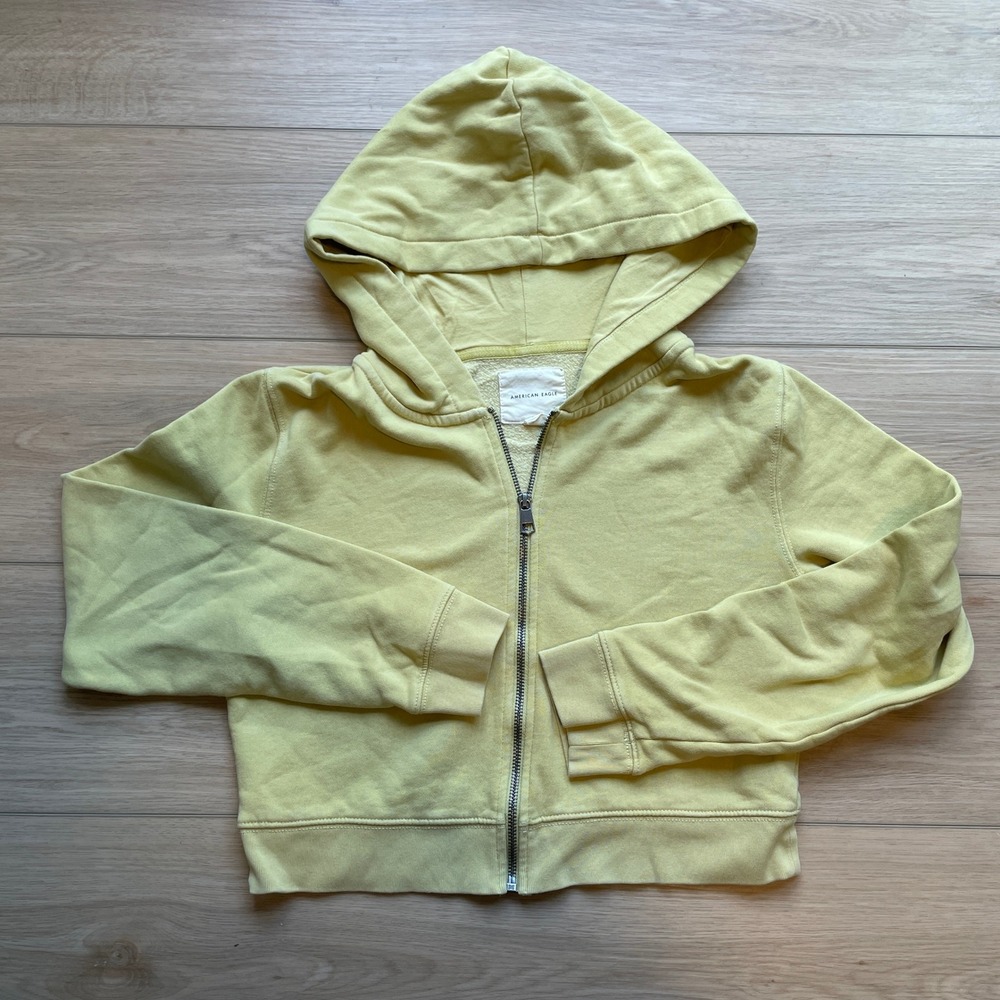American Eagle Womens Yellow Zip Up Cropped Hoodie Sweatshirt Size Large